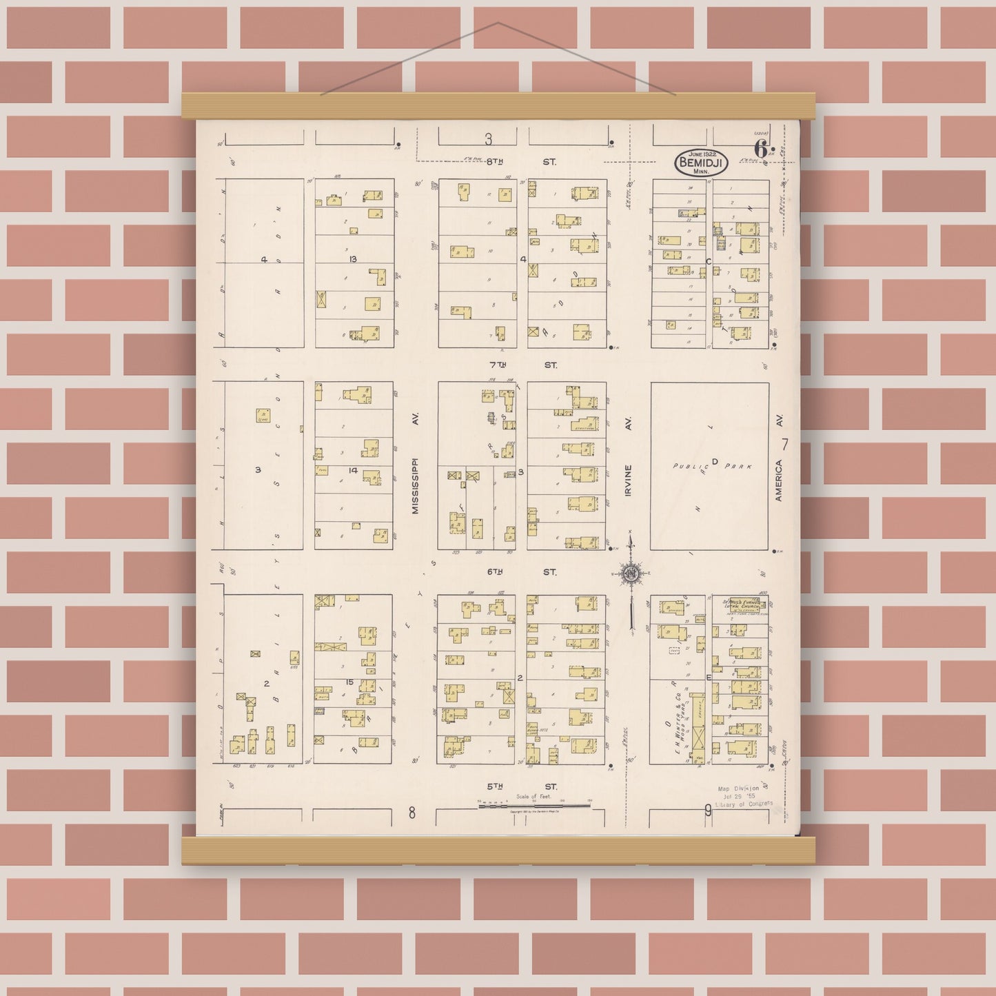 Old map wall art mockup — magnetic wood frame on brick wall — Sanborn Fire Insurance Map from Bemidji, Beltrami County, Minnesota (1922), Sheet #0006