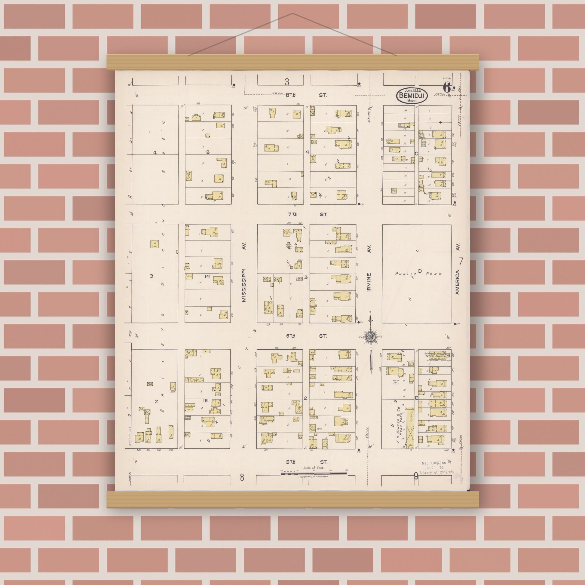 Old map wall art mockup — magnetic wood frame on brick wall — Sanborn Fire Insurance Map from Bemidji, Beltrami County, Minnesota (1922), Sheet #0006