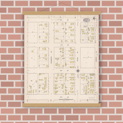 Old map wall art mockup — magnetic wood frame on brick wall — Sanborn Fire Insurance Map from Bemidji, Beltrami County, Minnesota (1922), Sheet #0006