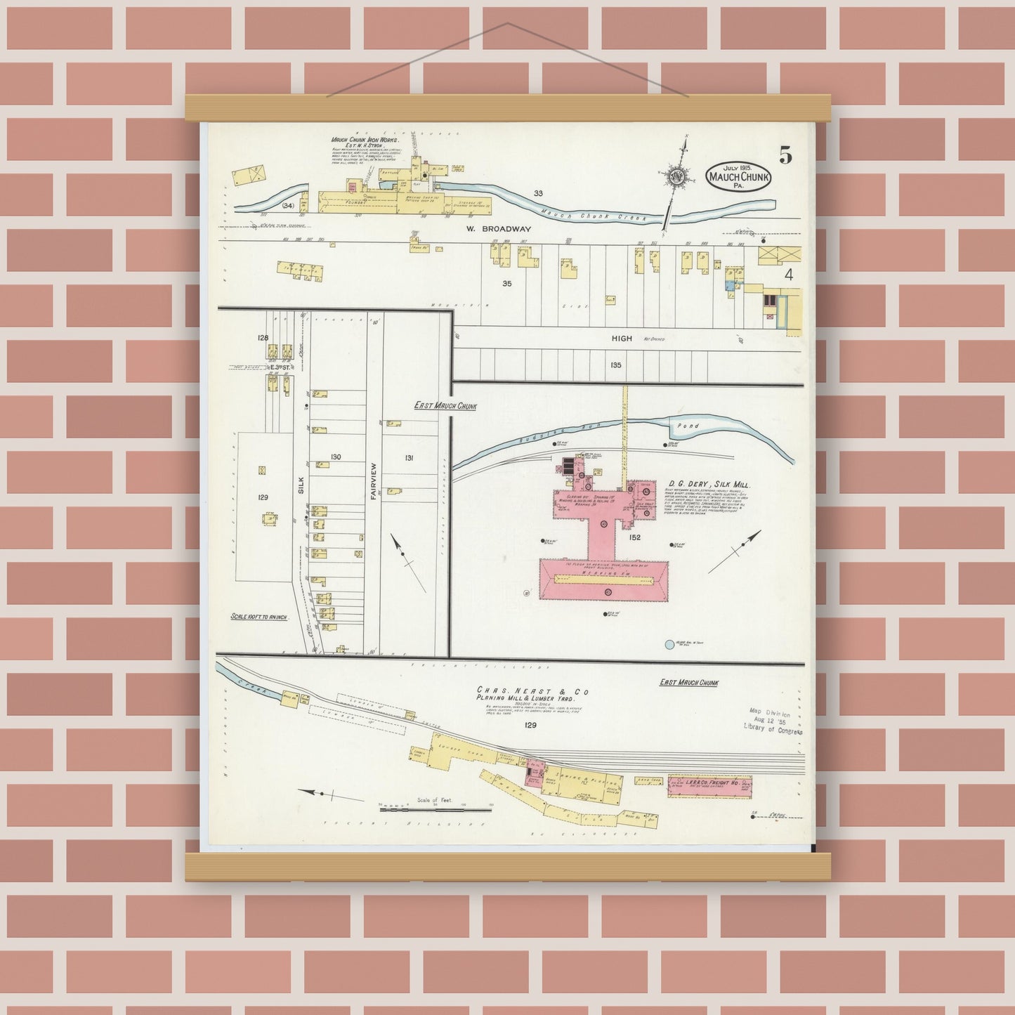 Old map wall art mockup — magnetic wood frame on brick wall — Sanborn Fire Insurance Map from Mauch Chunk, Carbon County, Pennsylvania (1915), Sheet #0005