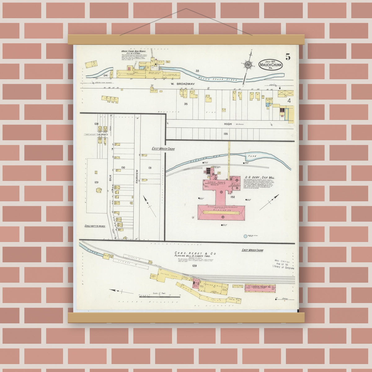 Old map wall art mockup — magnetic wood frame on brick wall — Sanborn Fire Insurance Map from Mauch Chunk, Carbon County, Pennsylvania (1915), Sheet #0005