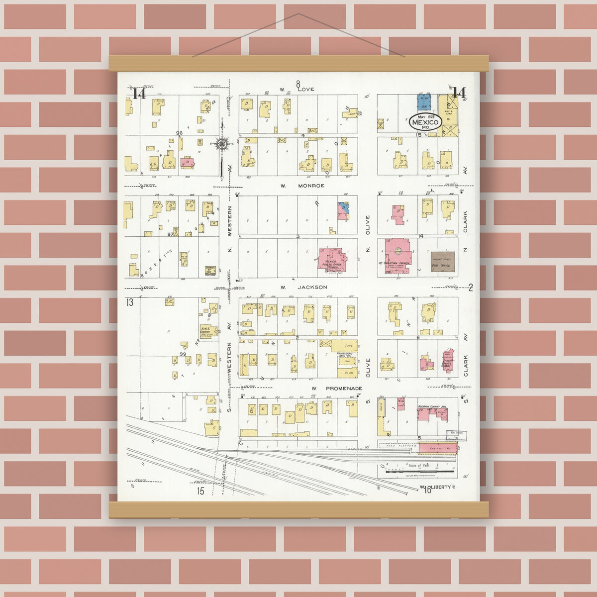 Old map wall art mockup — magnetic wood frame on brick wall — Sanborn Fire Insurance Map from Mexico, Audrain County, Missouri (1926), Sheet #0014