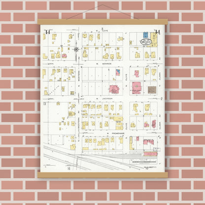 Old map wall art mockup — magnetic wood frame on brick wall — Sanborn Fire Insurance Map from Mexico, Audrain County, Missouri (1926), Sheet #0014
