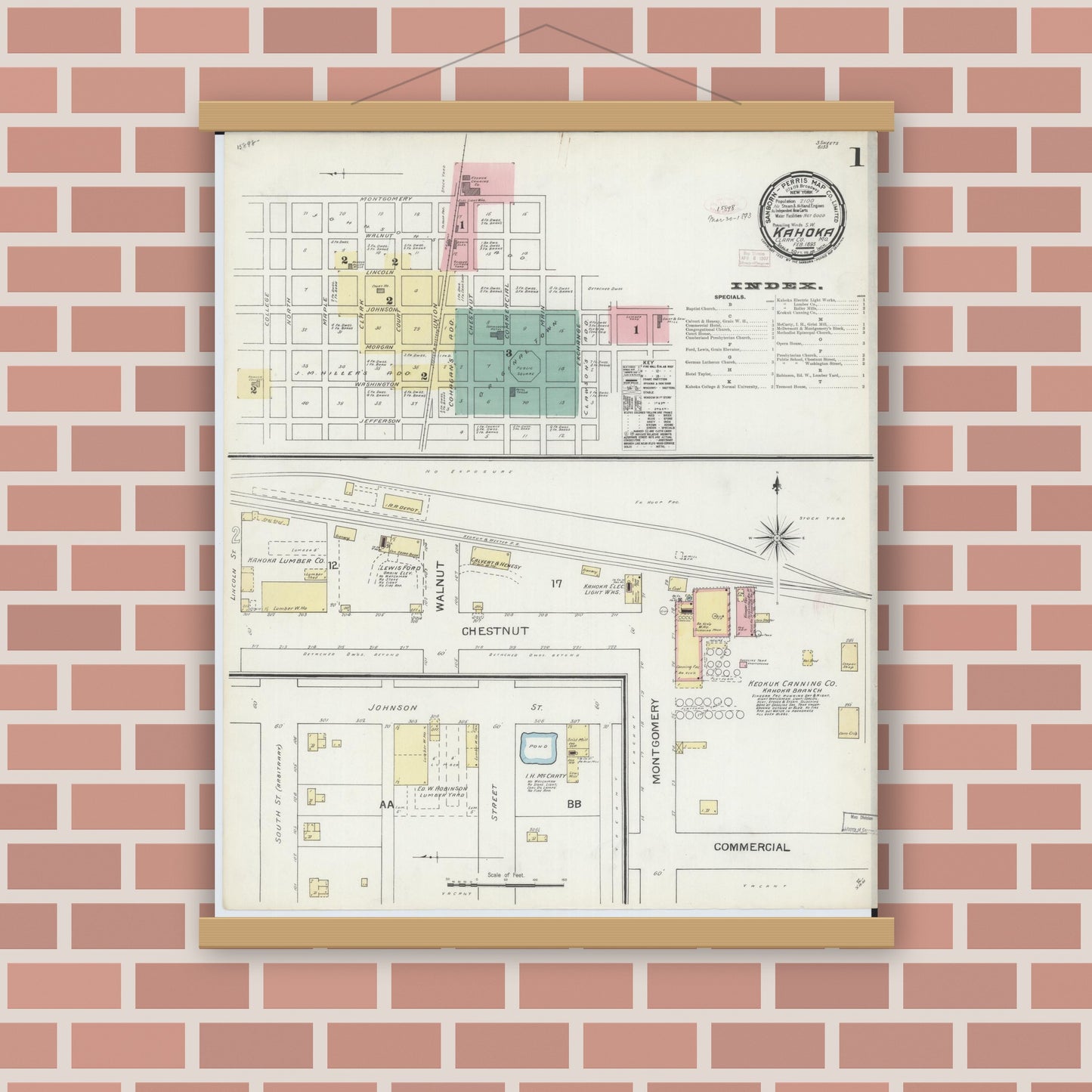 Old map wall art mockup — magnetic wood frame on brick wall — Sanborn Fire Insurance Map from Kahoka, Clark County, Missouri (1893) - Complete Map Set