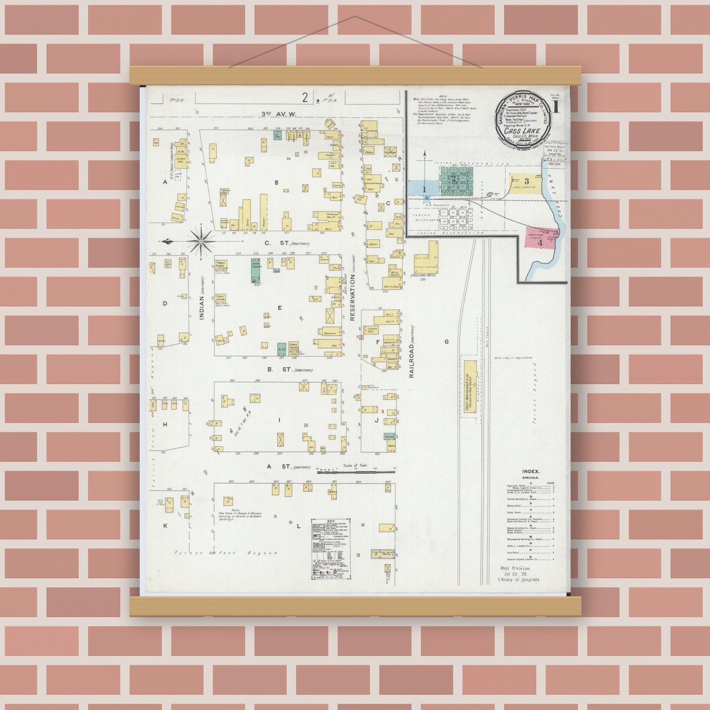 Old map wall art mockup — magnetic wood frame on brick wall — Sanborn Fire Insurance Map from Cass Lake, Cass County, Minnesota (1900), Sheet #0001