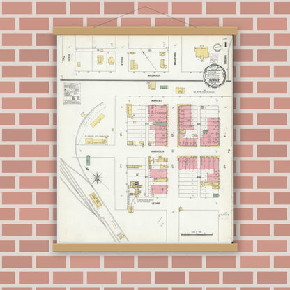 Old map wall art mockup — magnetic wood frame on brick wall — Sanborn Fire Insurance Map from Hearne, Robertson County, Texas (1901), Sheet #0001