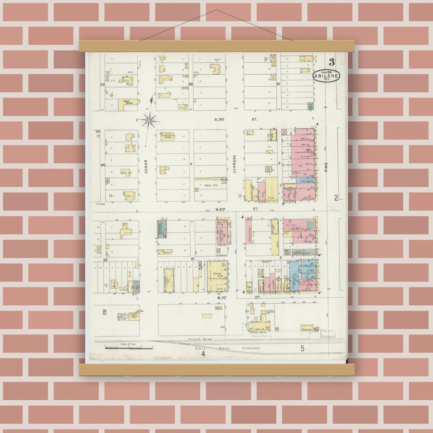 Old map wall art mockup — magnetic wood frame on brick wall — Sanborn Fire Insurance Map from Abilene, Taylor County, Texas (1896), Sheet #0003