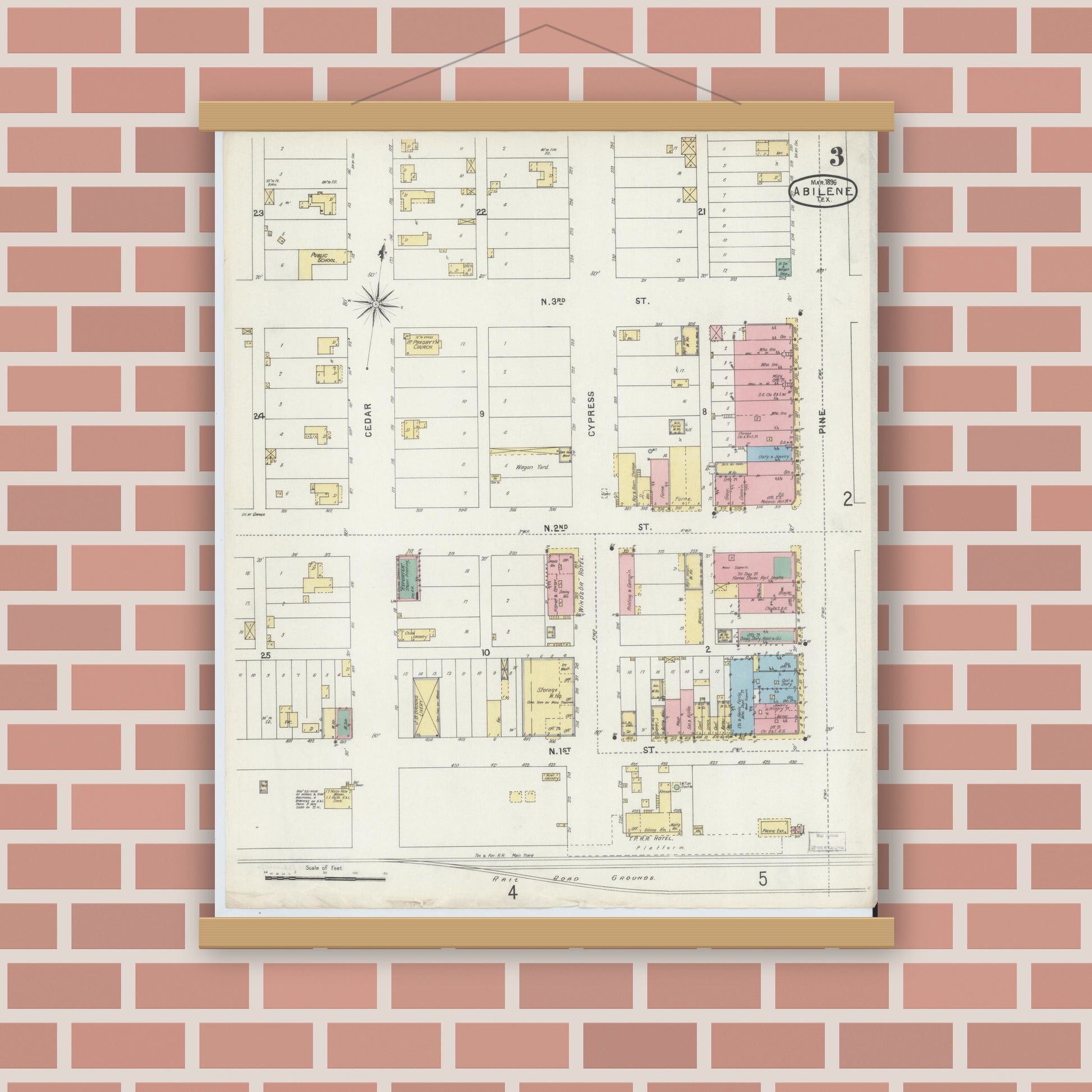 Old map wall art mockup — magnetic wood frame on brick wall — Sanborn Fire Insurance Map from Abilene, Taylor County, Texas (1896), Sheet #0003