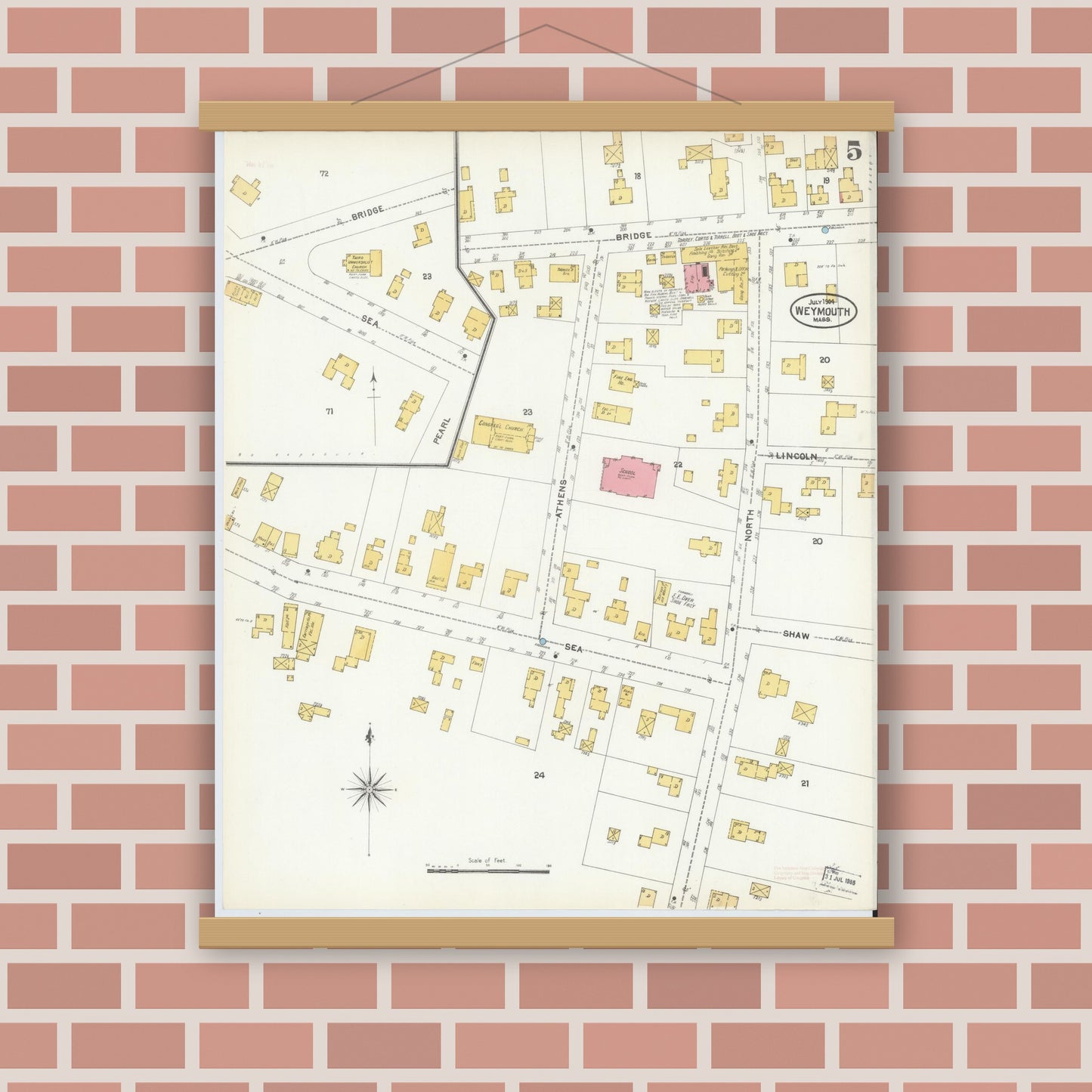 Old map wall art mockup — magnetic wood frame on brick wall — Sanborn Fire Insurance Map from Weymouth, Norfolk County, Massachusetts (1904), Sheet #0005