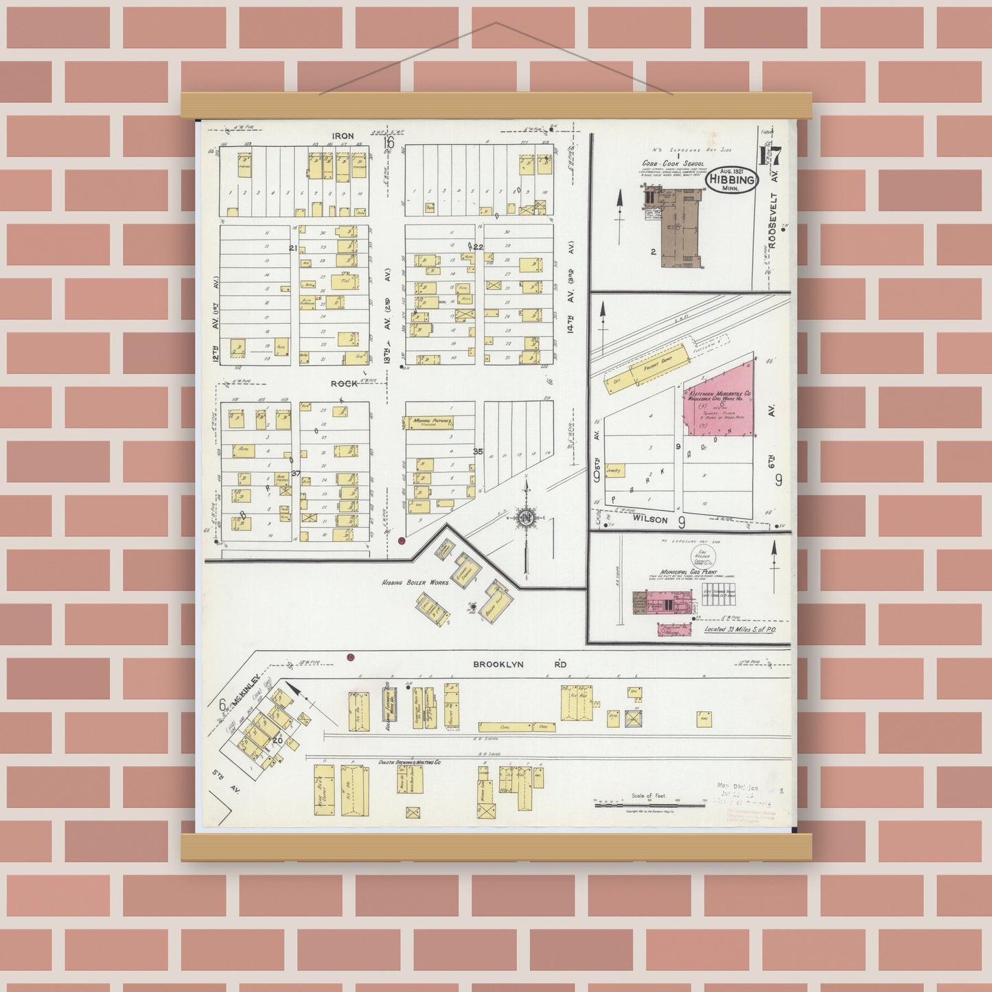 Old map wall art mockup — magnetic wood frame on brick wall — Sanborn Fire Insurance Map from Hibbing, Saint Louis County, Minnesota (1921), Sheet #0017