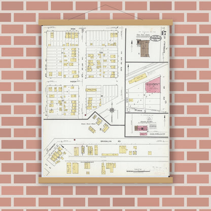 Old map wall art mockup — magnetic wood frame on brick wall — Sanborn Fire Insurance Map from Hibbing, Saint Louis County, Minnesota (1921), Sheet #0017
