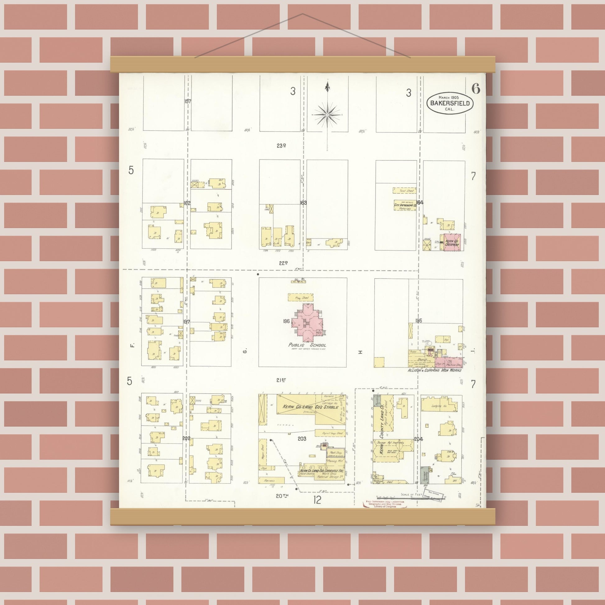 Old map wall art mockup — magnetic wood frame on brick wall — Sanborn Fire Insurance Map from Bakersfield, Kern County, California (1905), Sheet #0006