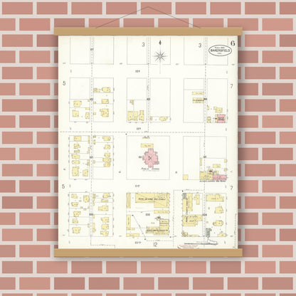 Old map wall art mockup — magnetic wood frame on brick wall — Sanborn Fire Insurance Map from Bakersfield, Kern County, California (1905), Sheet #0006