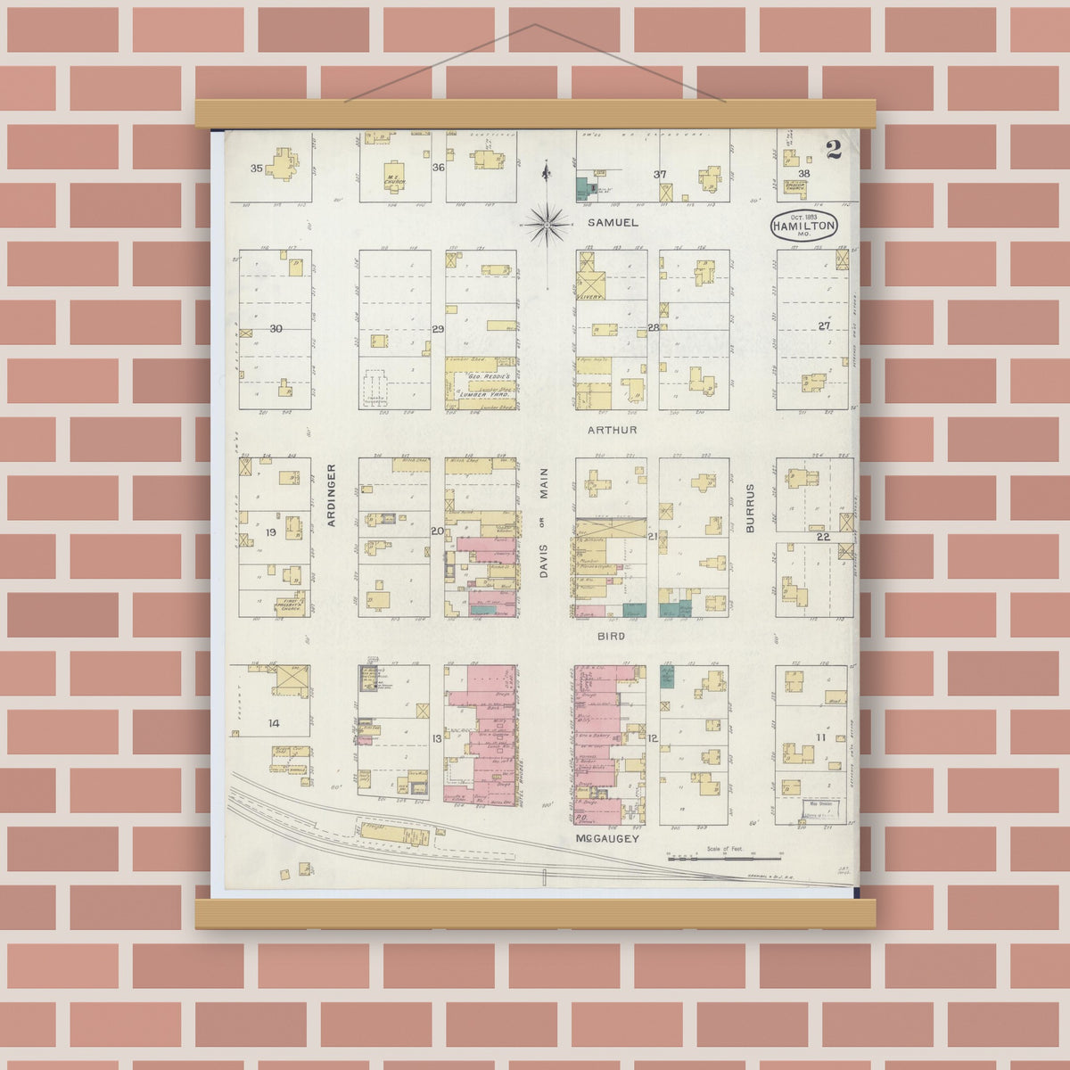Old map wall art mockup — magnetic wood frame on brick wall — Sanborn Fire Insurance Map from Hamilton, Caldwell County, Missouri (1893), Sheet #0002
