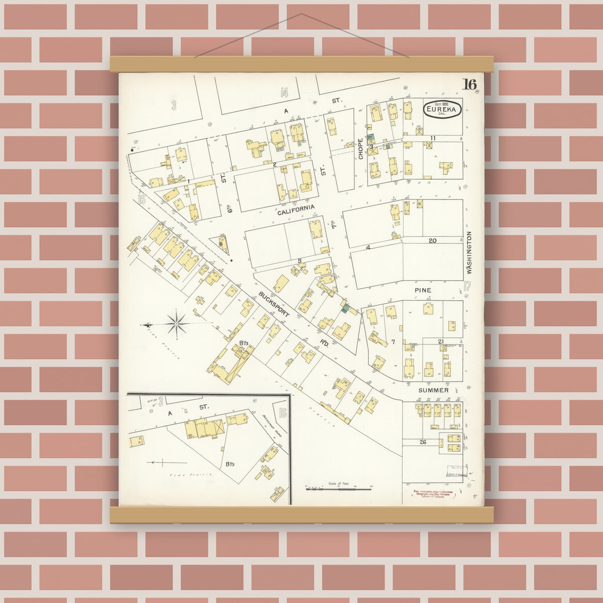 Old map wall art mockup — magnetic wood frame on brick wall — Sanborn Fire Insurance Map from Eureka, Humboldt County, California (1892), Sheet #0016