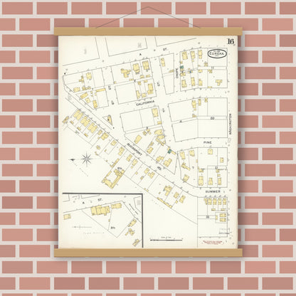 Old map wall art mockup — magnetic wood frame on brick wall — Sanborn Fire Insurance Map from Eureka, Humboldt County, California (1892), Sheet #0016