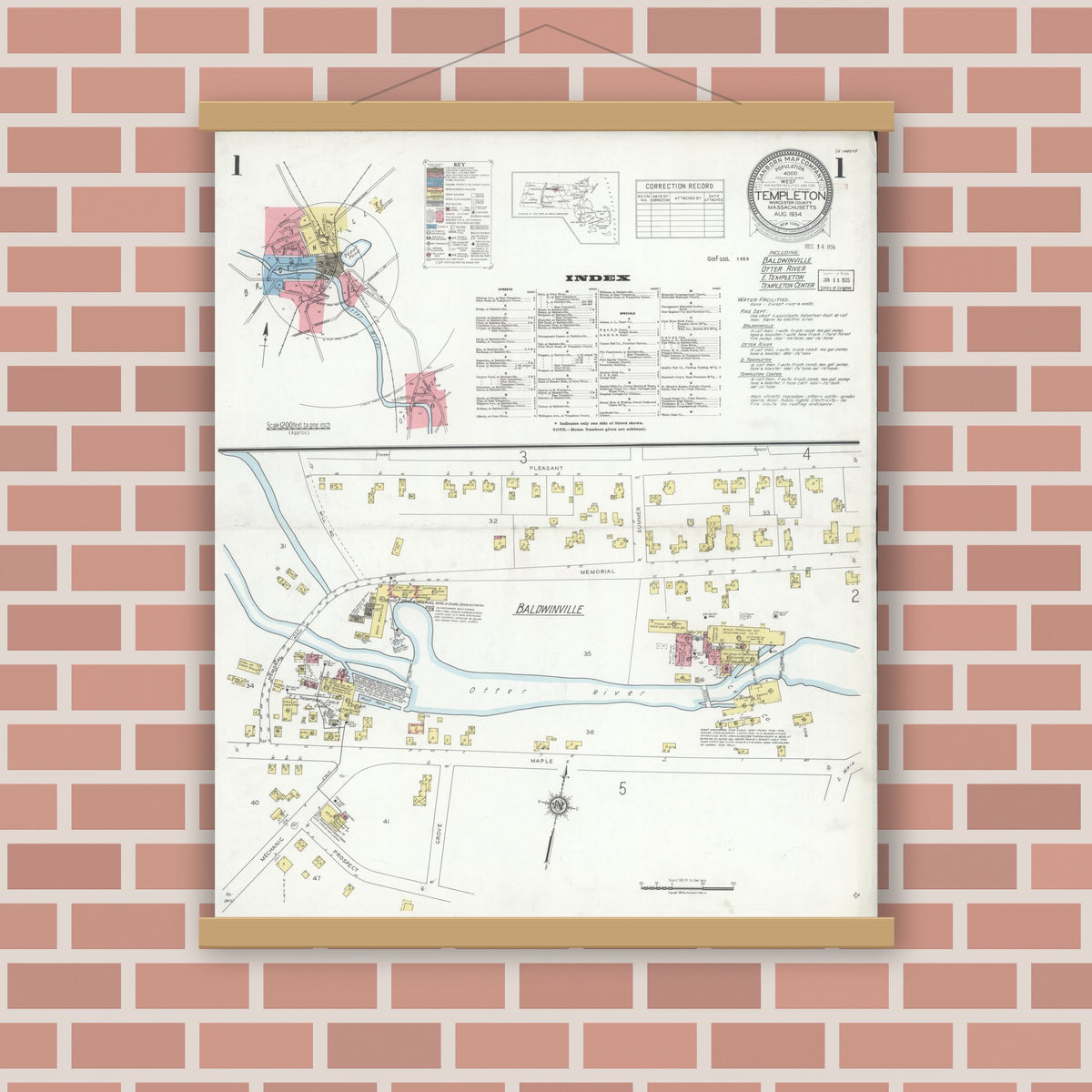 Old map wall art mockup — magnetic wood frame on brick wall — Sanborn Fire Insurance Map from Templeton, Worcester County, Massachusetts (1934) - Complete Map Set
