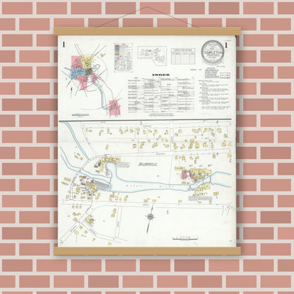 Old map wall art mockup — magnetic wood frame on brick wall — Sanborn Fire Insurance Map from Templeton, Worcester County, Massachusetts (1934) - Complete Map Set