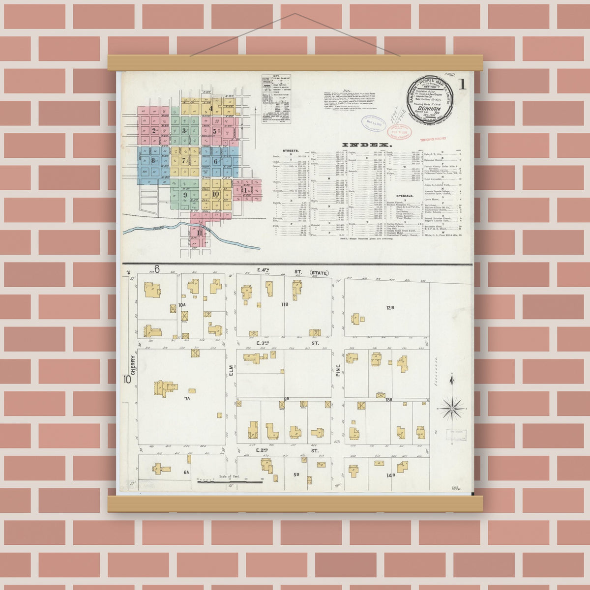 Old map wall art mockup — magnetic wood frame on brick wall — Sanborn Fire Insurance Map from Bonham, Fannin County, Texas (1897) - Complete Map Set