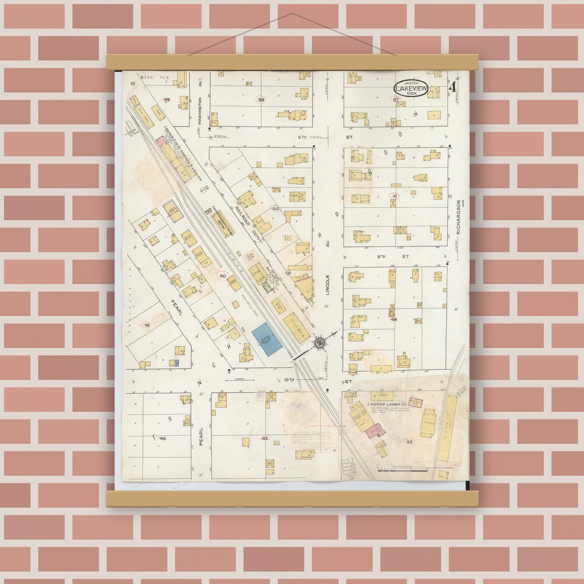 Old map wall art mockup — magnetic wood frame on brick wall — Sanborn Fire Insurance Map from Lakeview, Montcalm County, Michigan (1932), Sheet #0004