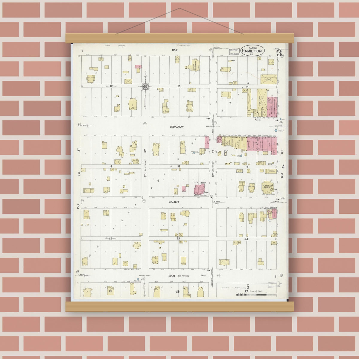 Old map wall art mockup — magnetic wood frame on brick wall — Sanborn Fire Insurance Map from Hamilton, Hancock County, Illinois (1912), Sheet #0003