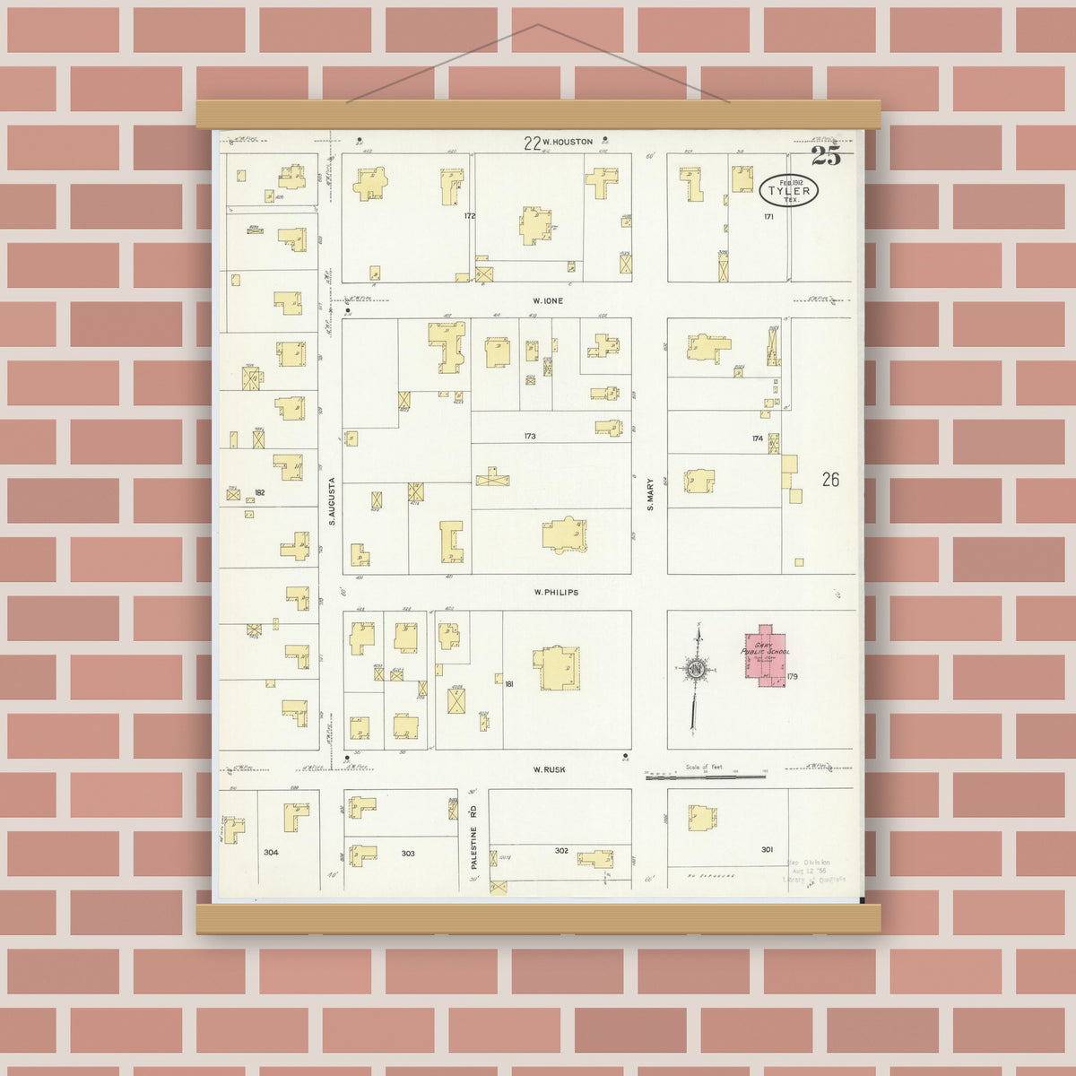 Old map wall art mockup — magnetic wood frame on brick wall — Sanborn Fire Insurance Map from Tyler, Smith County, Texas (1912), Sheet #0025