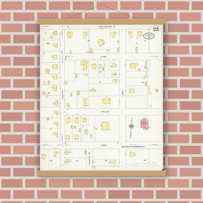 Old map wall art mockup — magnetic wood frame on brick wall — Sanborn Fire Insurance Map from Tyler, Smith County, Texas (1912), Sheet #0025