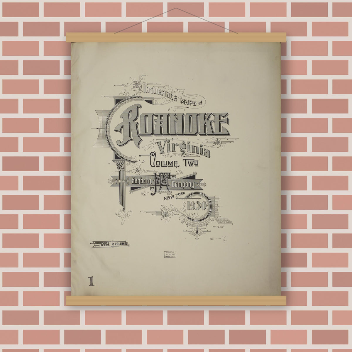 Old map wall art mockup — magnetic wood frame on brick wall — Sanborn Fire Insurance Map from Roanoke, Independent Cities, Virginia (1930), Sheet #0001