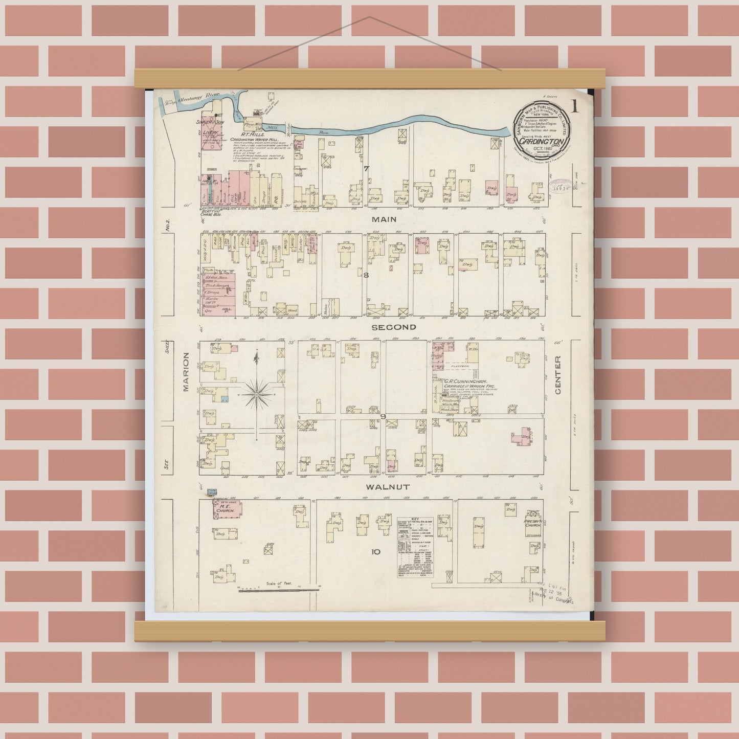 Old map wall art mockup — magnetic wood frame on brick wall — Sanborn Fire Insurance Map from Cardington, Morrow County, Ohio (1885) - Complete Map Set