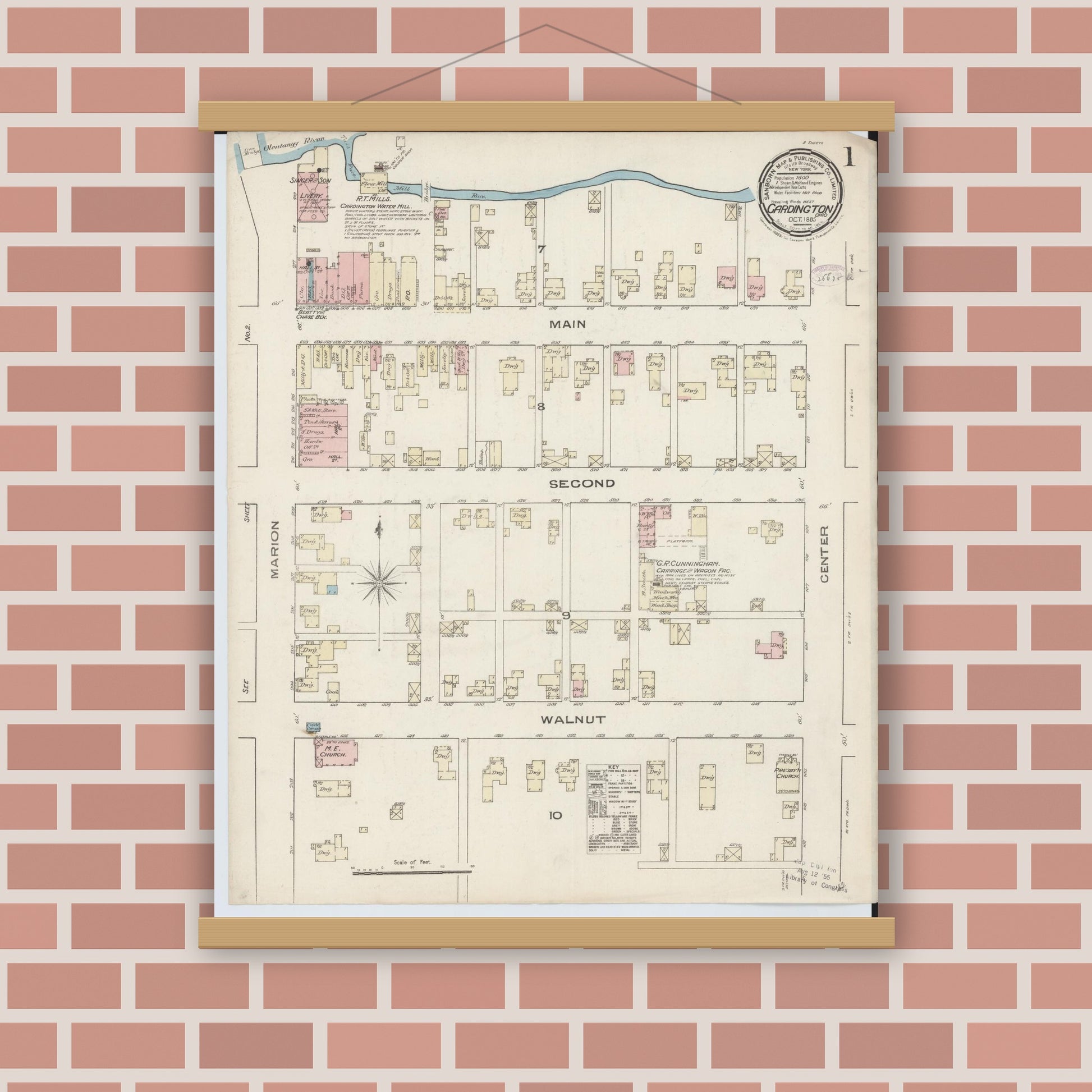 Old map wall art mockup — magnetic wood frame on brick wall — Sanborn Fire Insurance Map from Cardington, Morrow County, Ohio (1885) - Complete Map Set