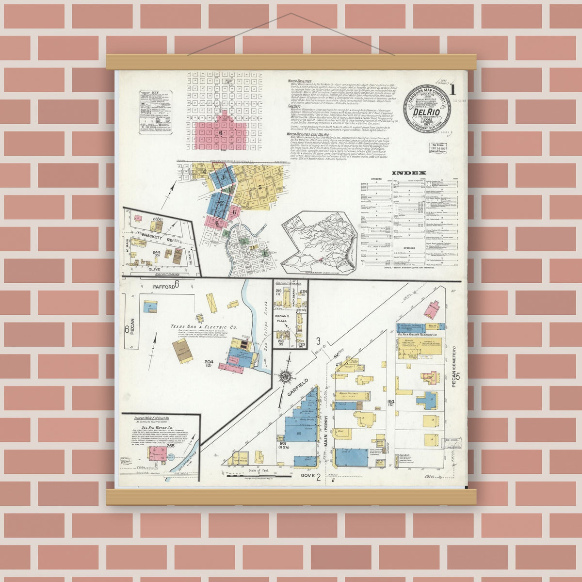 Old map wall art mockup — magnetic wood frame on brick wall — Sanborn Fire Insurance Map from Del Rio, Val Verde County, Texas (1917) - Complete Map Set