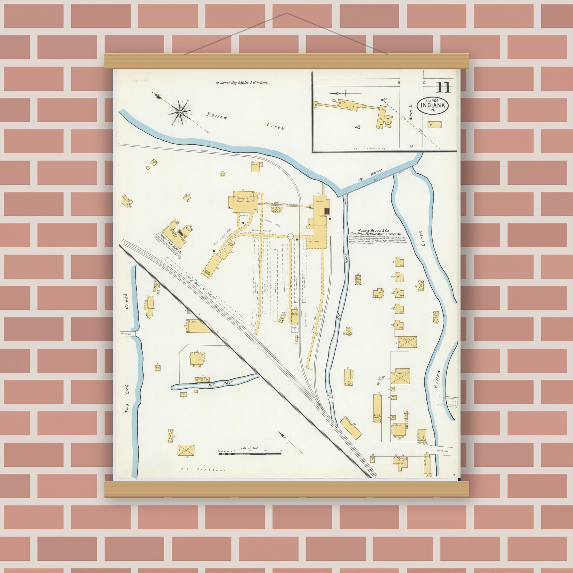 Old map wall art mockup — magnetic wood frame on brick wall — Sanborn Fire Insurance Map from Indiana, Indiana County, Pennsylvania (1903), Sheet #0011