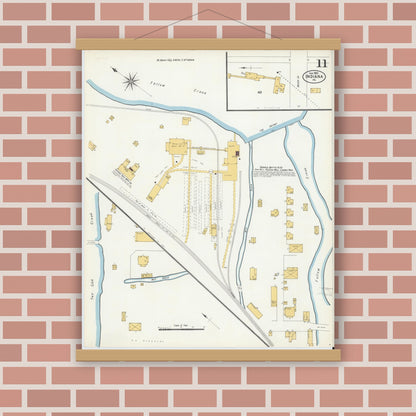 Old map wall art mockup — magnetic wood frame on brick wall — Sanborn Fire Insurance Map from Indiana, Indiana County, Pennsylvania (1903), Sheet #0011