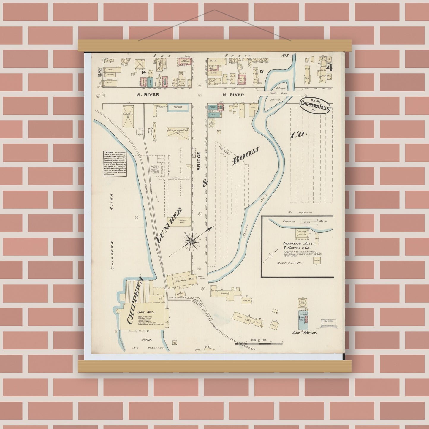 Old map wall art mockup — magnetic wood frame on brick wall — Sanborn Fire Insurance Map from Chippewa Falls, Chippewa County, Wisconsin (1883), Sheet #0004