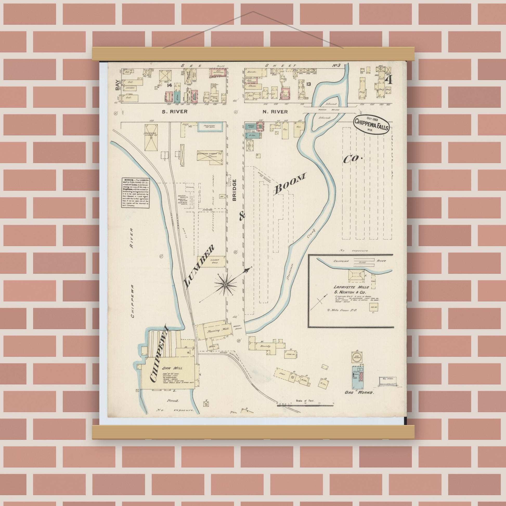 Old map wall art mockup — magnetic wood frame on brick wall — Sanborn Fire Insurance Map from Chippewa Falls, Chippewa County, Wisconsin (1883), Sheet #0004
