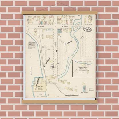 Old map wall art mockup — magnetic wood frame on brick wall — Sanborn Fire Insurance Map from Chippewa Falls, Chippewa County, Wisconsin (1883), Sheet #0004