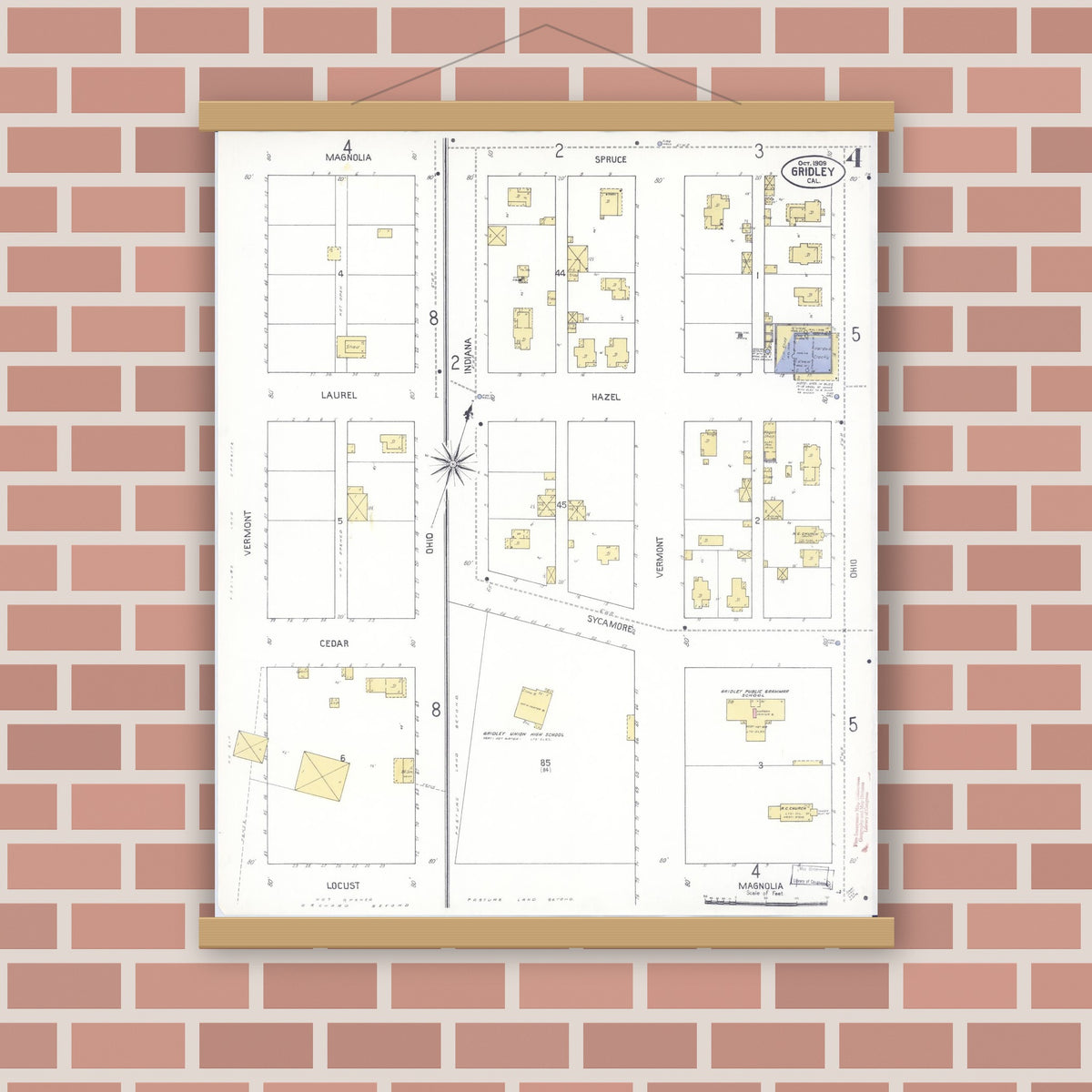 Old map wall art mockup — magnetic wood frame on brick wall — Sanborn Fire Insurance Map from Gridley, Butte County, California (1909), Sheet #0003