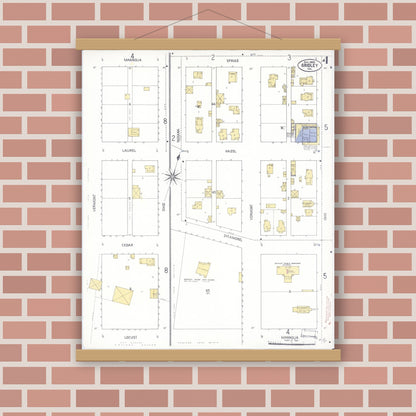 Old map wall art mockup — magnetic wood frame on brick wall — Sanborn Fire Insurance Map from Gridley, Butte County, California (1909), Sheet #0003