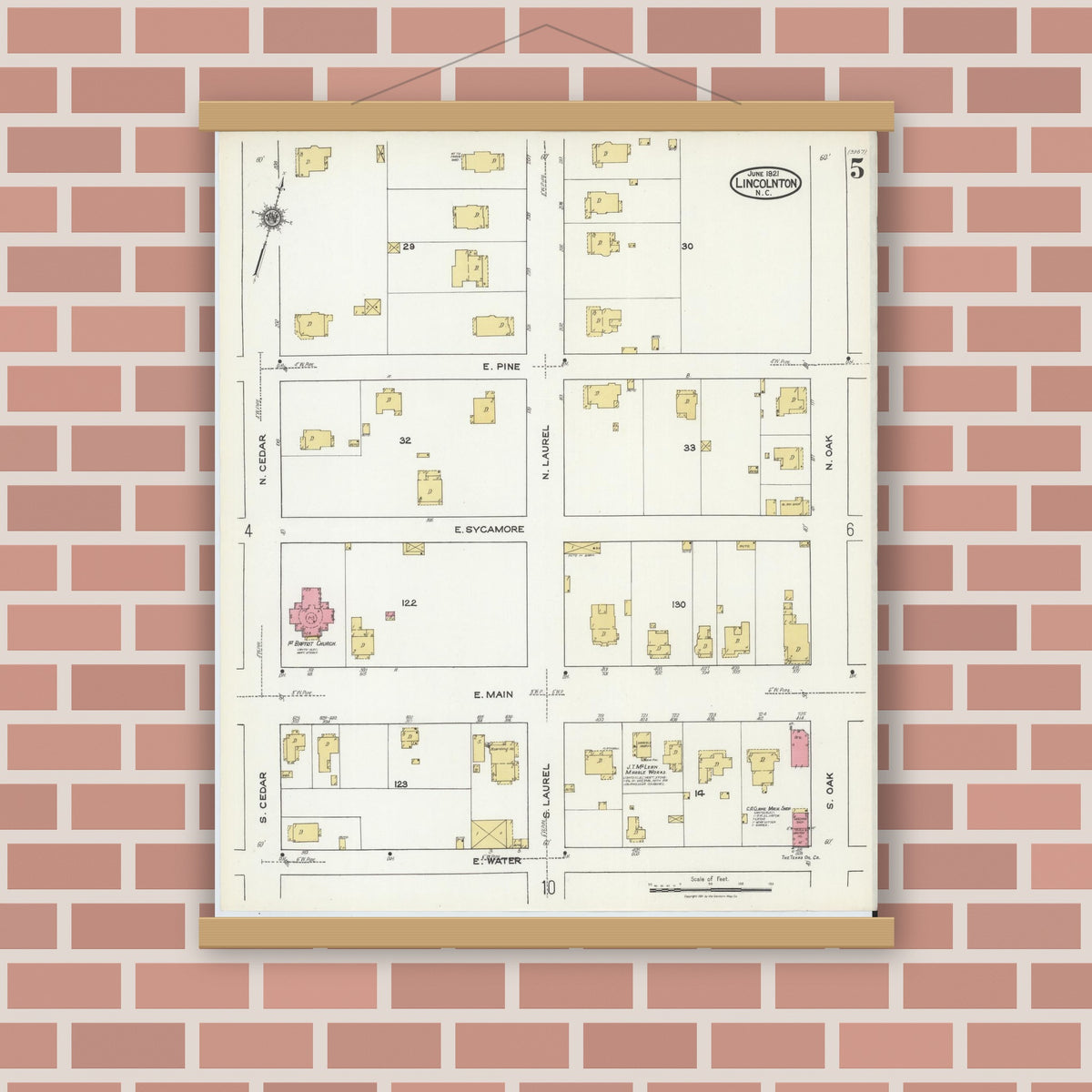 Old map wall art mockup — magnetic wood frame on brick wall — Sanborn Fire Insurance Map from Lincolnton, Lincoln County, North Carolina (1921), Sheet #0005