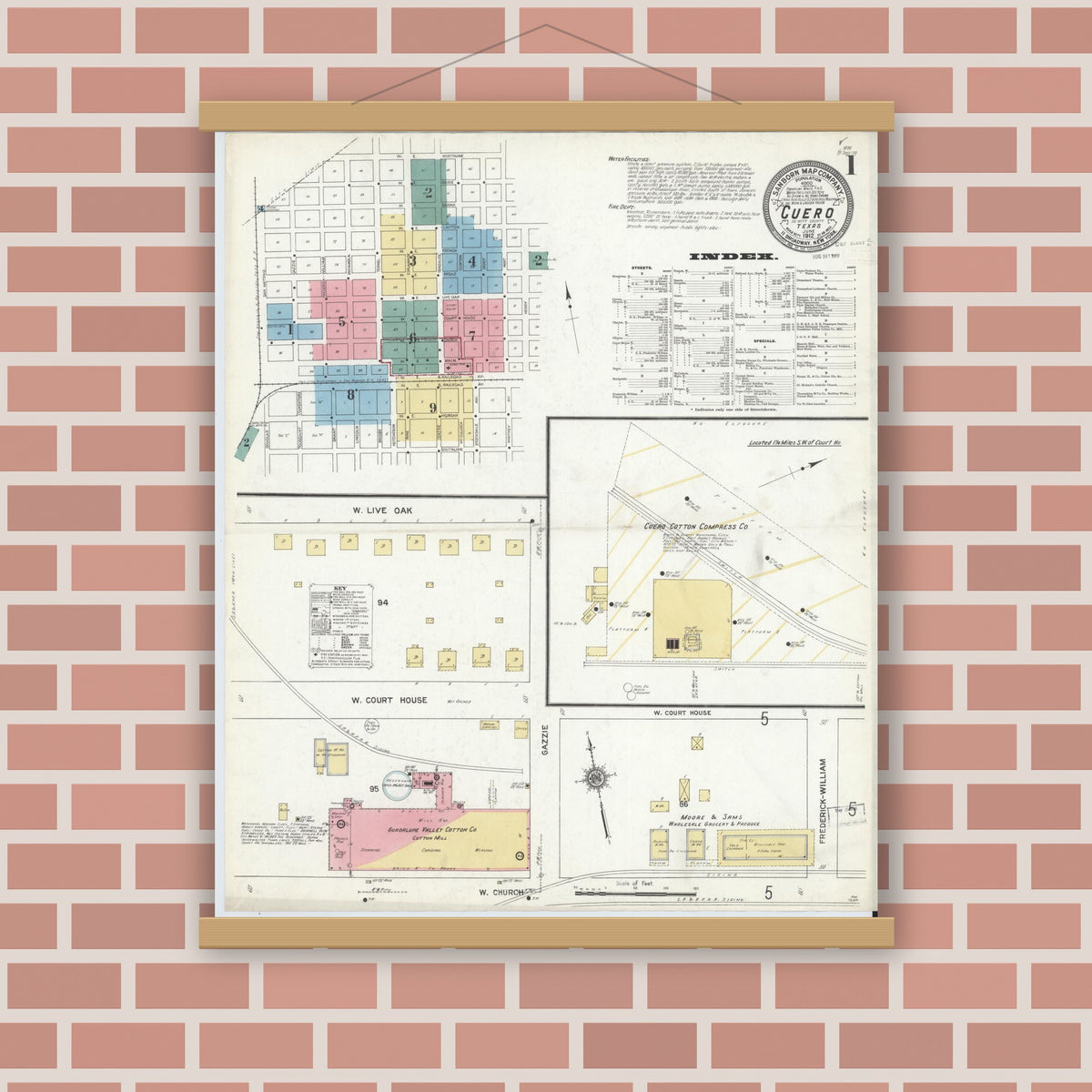 Old map wall art mockup — magnetic wood frame on brick wall — Sanborn Fire Insurance Map from Cuero, De Witt County, Texas (1912) - Complete Map Set