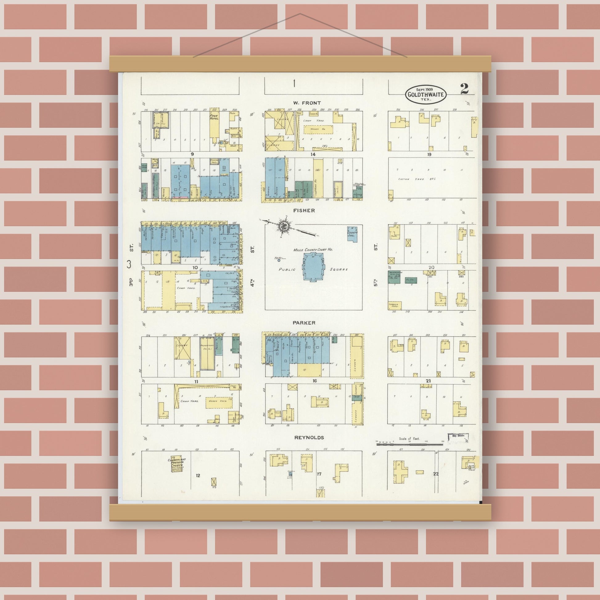 Old map wall art mockup — magnetic wood frame on brick wall — Sanborn Fire Insurance Map from Goldthwaite, Mills County, Texas (1909), Sheet #0002