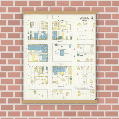 Old map wall art mockup — magnetic wood frame on brick wall — Sanborn Fire Insurance Map from Goldthwaite, Mills County, Texas (1909), Sheet #0002