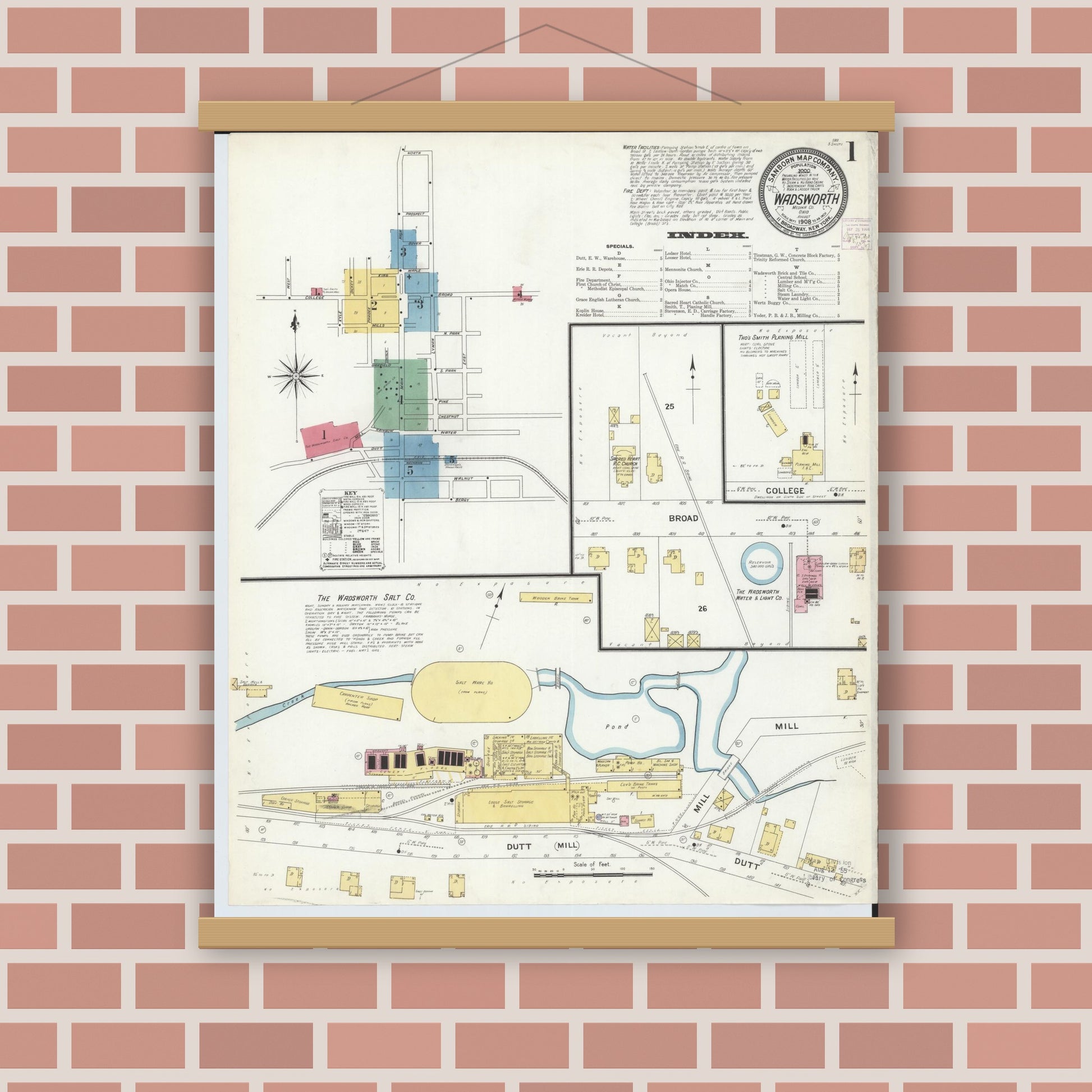 Old map wall art mockup — magnetic wood frame on brick wall — Sanborn Fire Insurance Map from Wadsworth, Medina County, Ohio (1908) - Complete Map Set