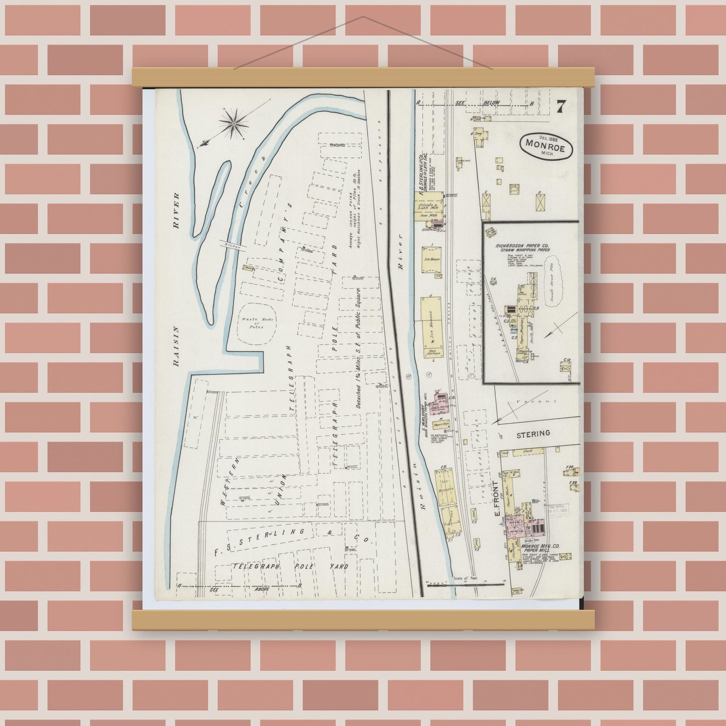Old map wall art mockup — magnetic wood frame on brick wall — Sanborn Fire Insurance Map from Monroe, Monroe County, Michigan (1888), Sheet #0007