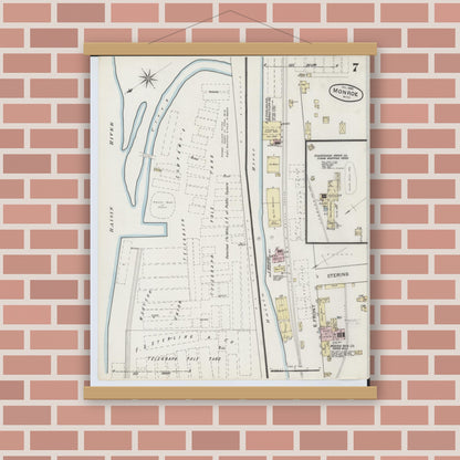 Old map wall art mockup — magnetic wood frame on brick wall — Sanborn Fire Insurance Map from Monroe, Monroe County, Michigan (1888), Sheet #0007