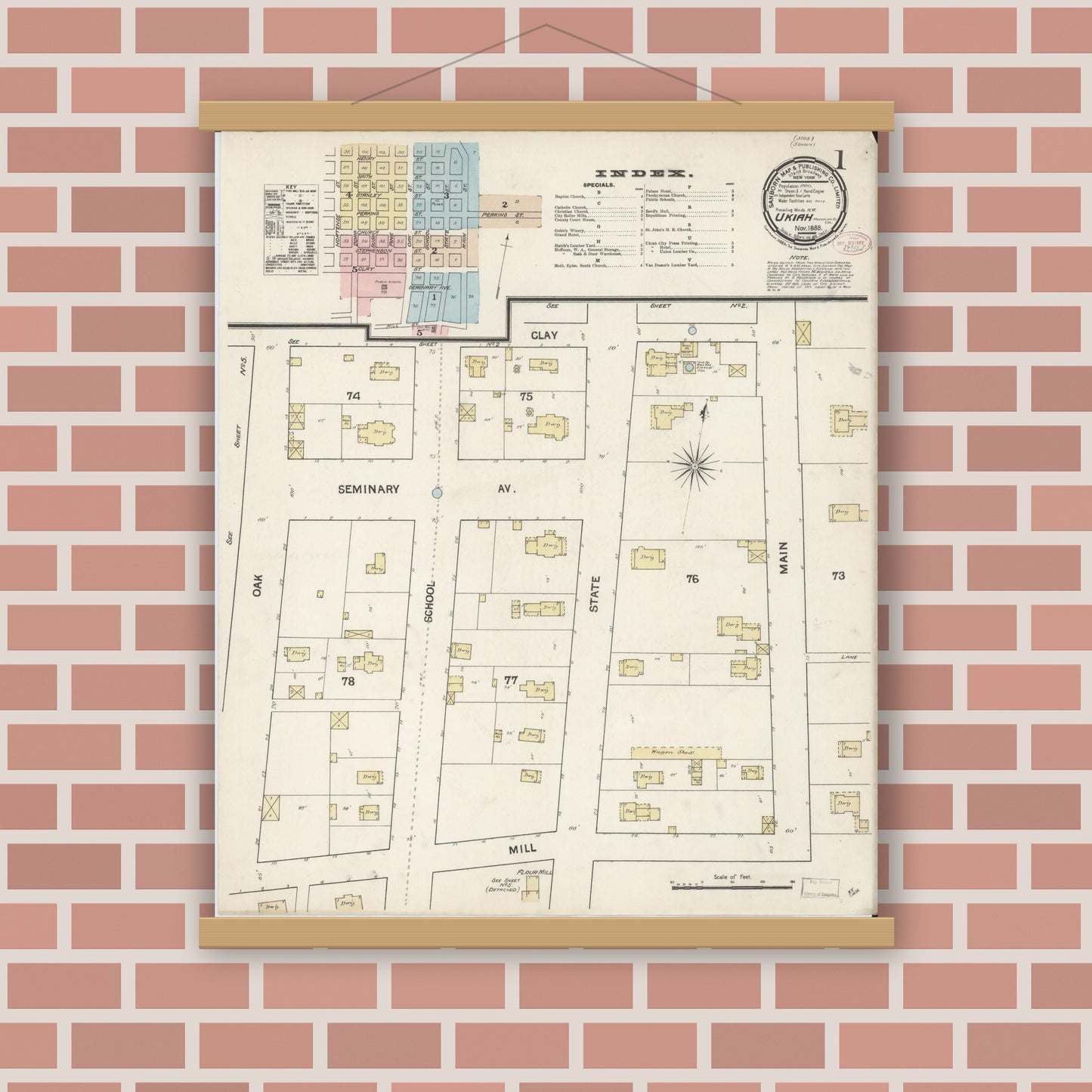 Old map wall art mockup — magnetic wood frame on brick wall — Sanborn Fire Insurance Map from Ukiah, Mendocino County, California (1888) - Complete Map Set