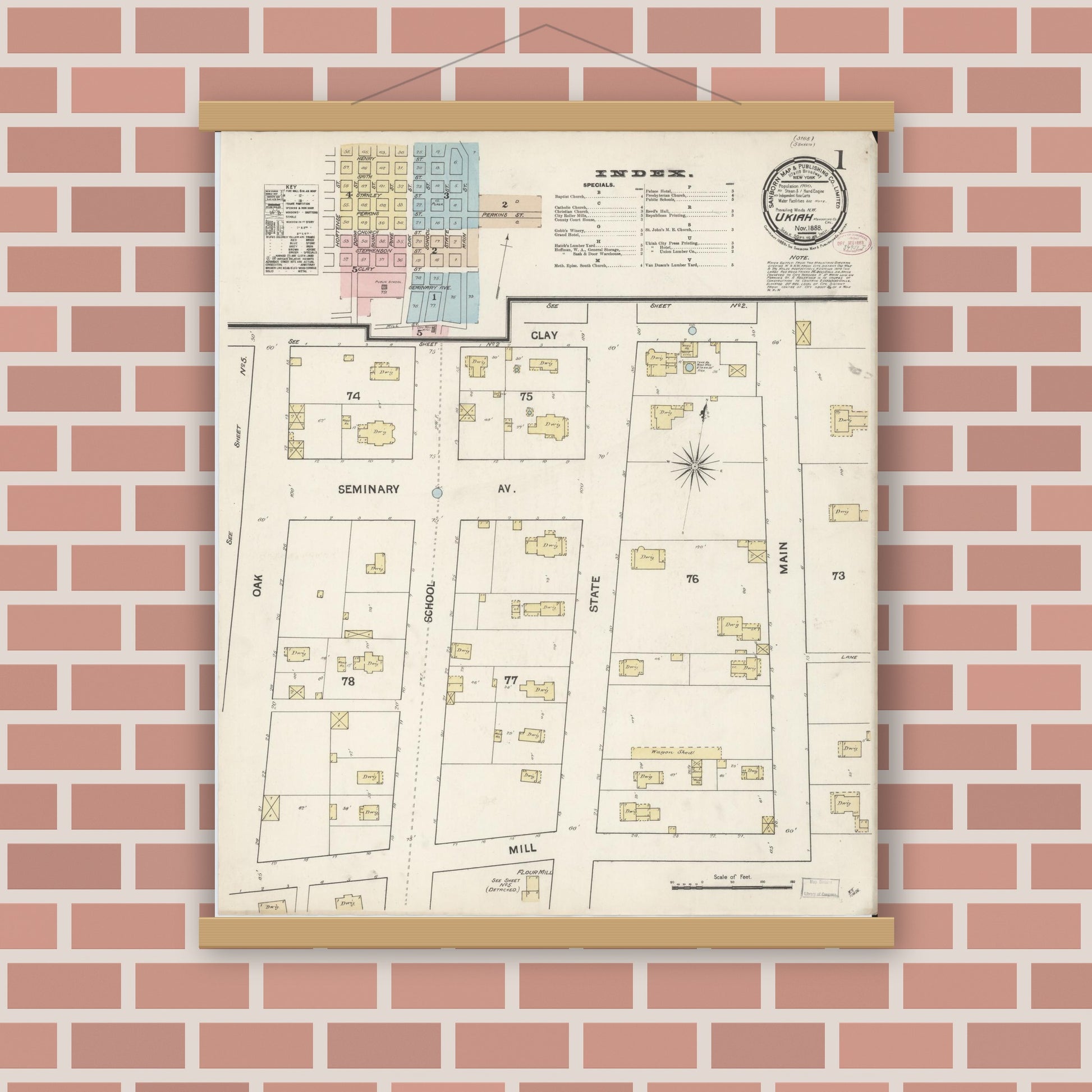 Old map wall art mockup — magnetic wood frame on brick wall — Sanborn Fire Insurance Map from Ukiah, Mendocino County, California (1888) - Complete Map Set