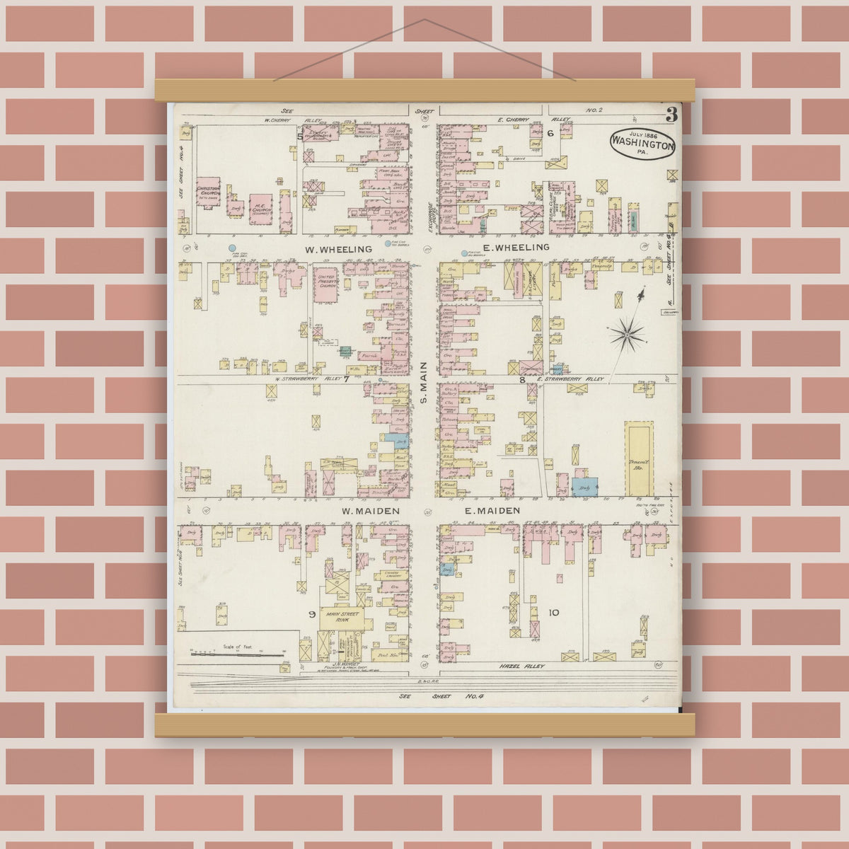 Old map wall art mockup — magnetic wood frame on brick wall — Sanborn Fire Insurance Map from Washington, Washington County, Pennsylvania (1886), Sheet #0003