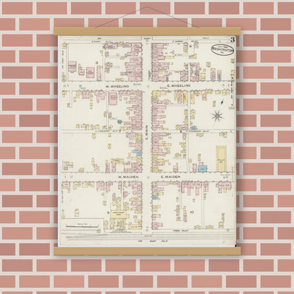 Old map wall art mockup — magnetic wood frame on brick wall — Sanborn Fire Insurance Map from Washington, Washington County, Pennsylvania (1886), Sheet #0003