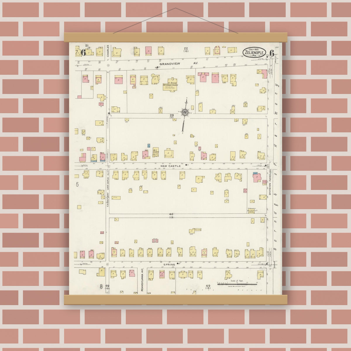 Old map wall art mockup — magnetic wood frame on brick wall — Sanborn Fire Insurance Map from Zelienople, Butler County, Pennsylvania (1925), Sheet #0006